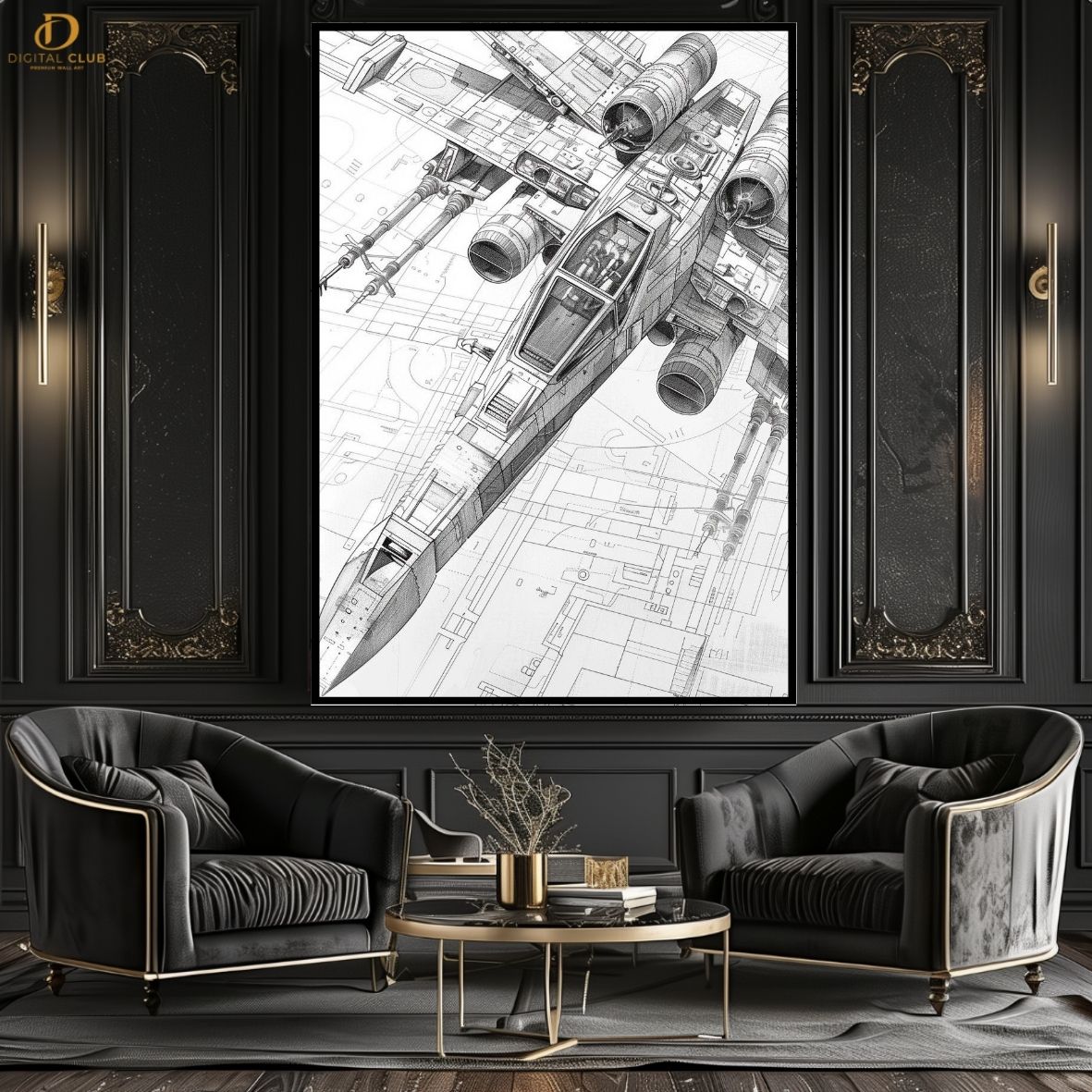Fighter Plane - Office Sketch - Premium Wall Art
