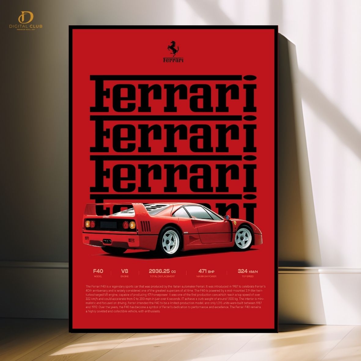 Ferrari F40 -Cars- Premium Wall Art - Art Digital Club