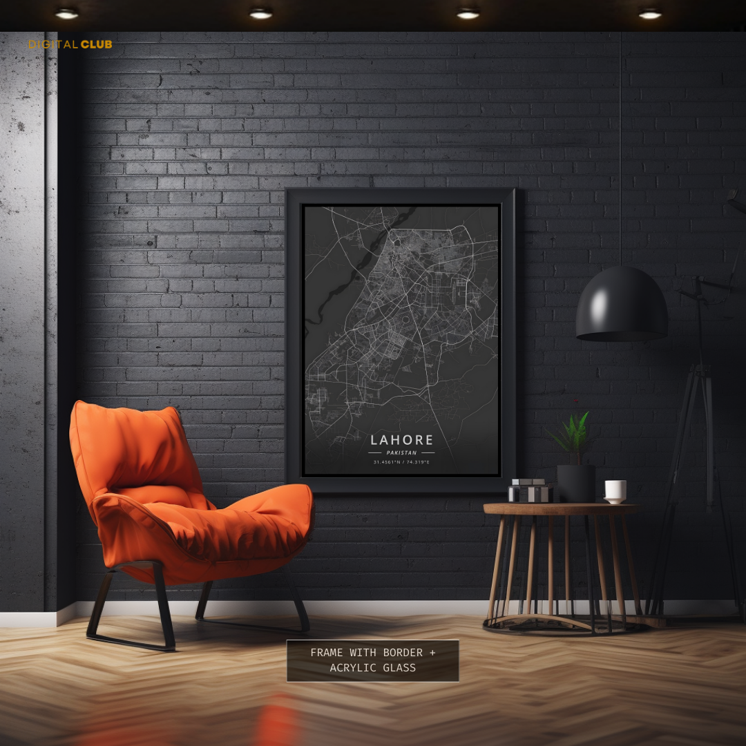 Lahore - Black Map - Premium Wall Art