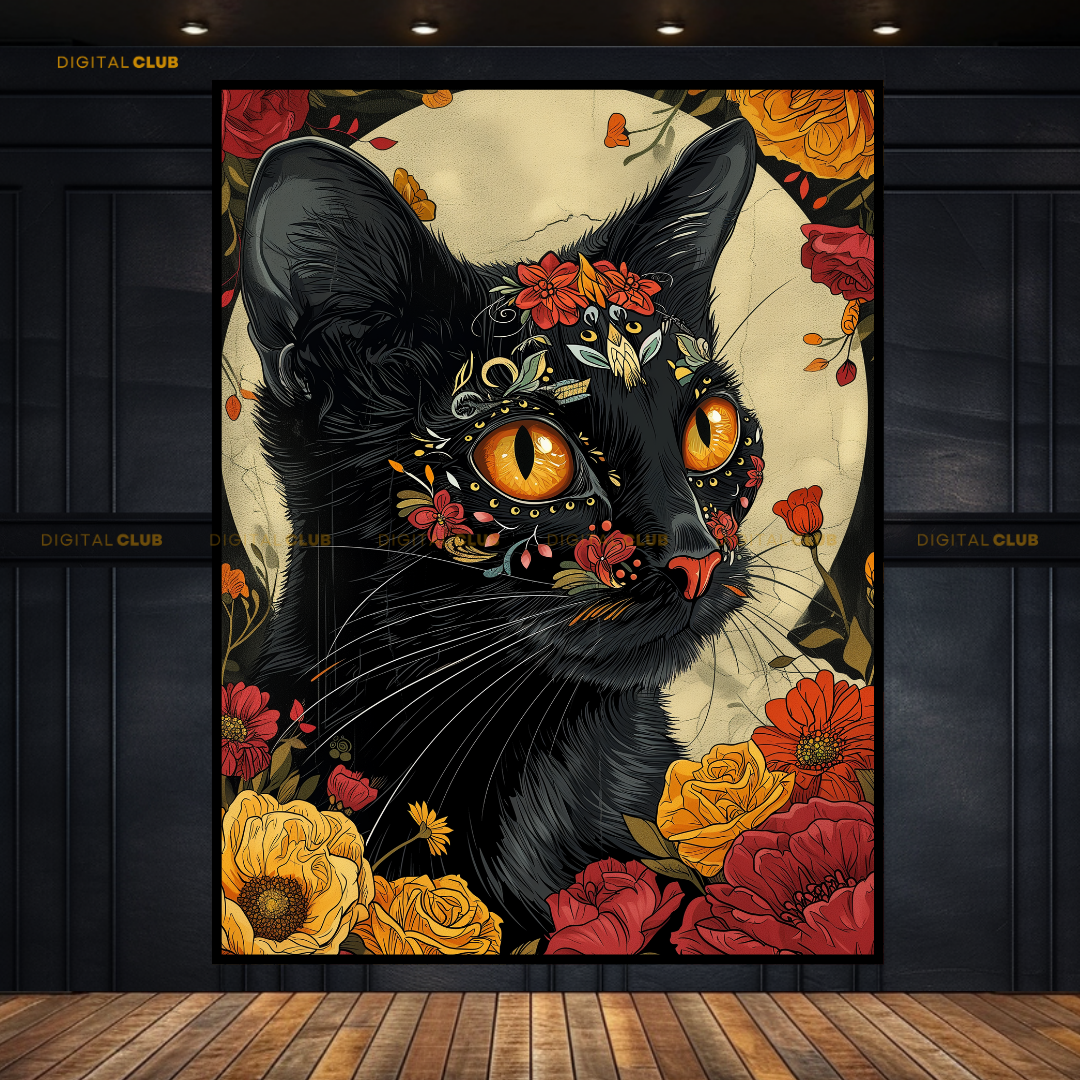 Cat Floral Artwork - Animal & Wildlife Premium Wall Art