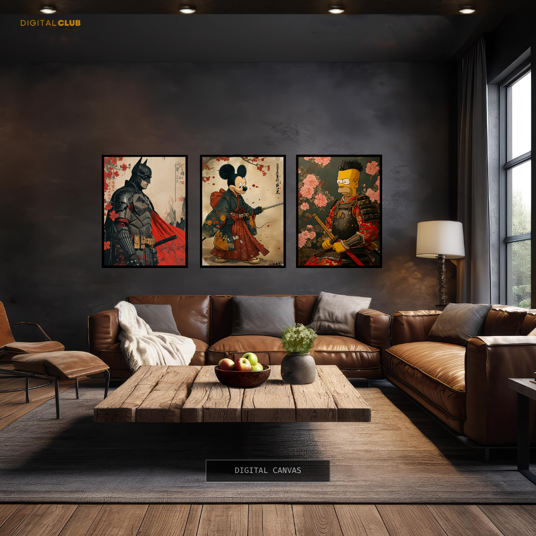 Cartoon Samurai Artwork - 3 Panel Wall Art