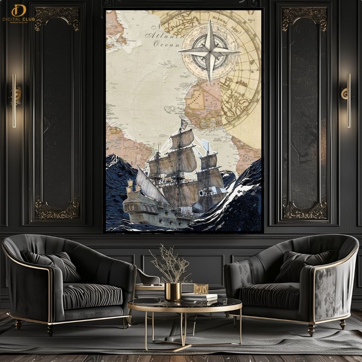 Ocean Pirate Ship -Map- Premium Wall Art - Art Digital Club