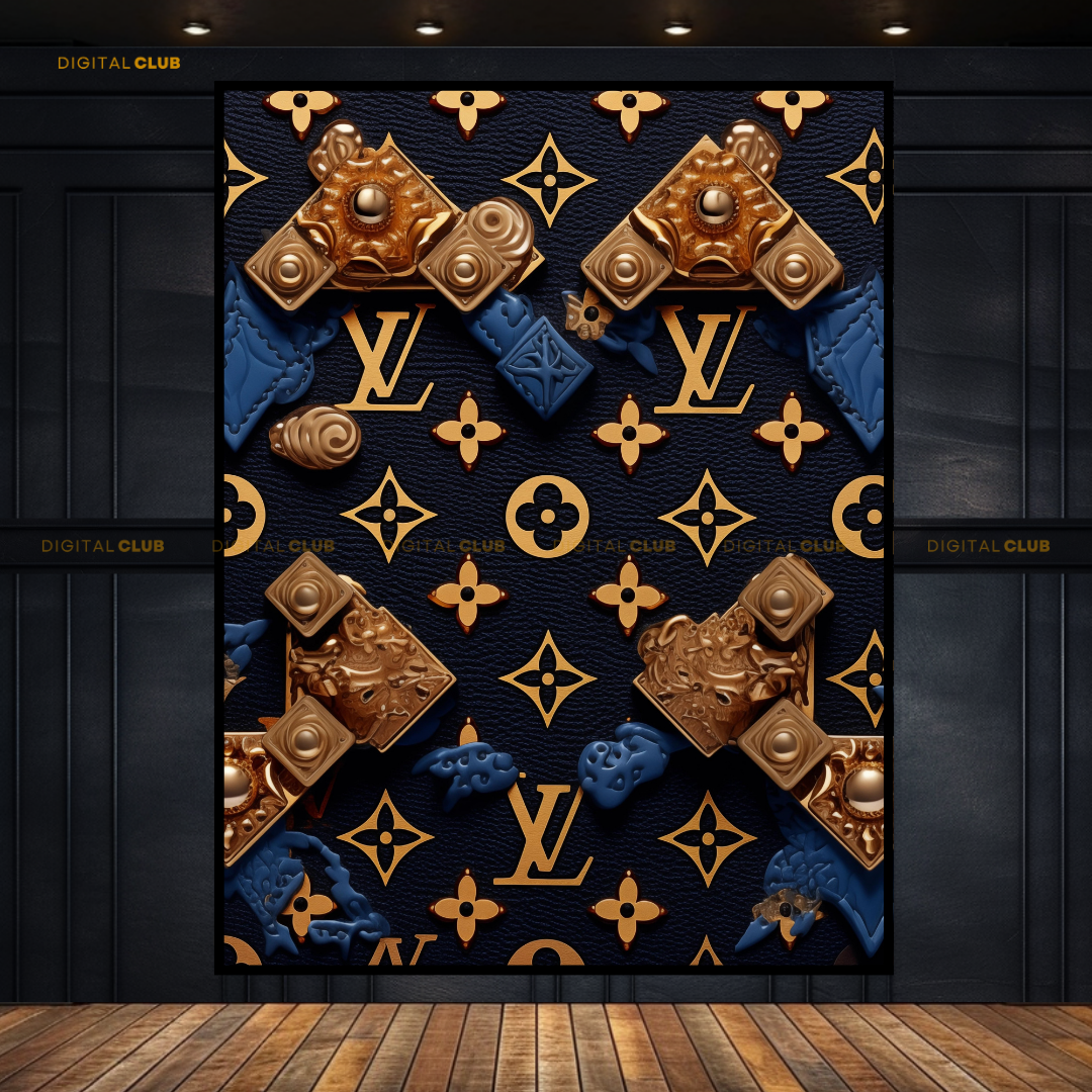 Louis Vuitton Blue & Gold Logo Pattern Premium Wall Art