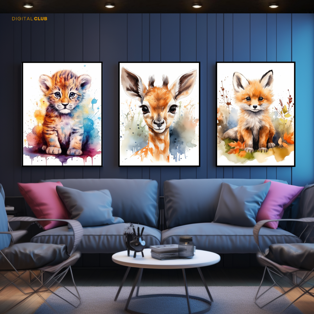 Cute Animal Nursery Artwork 1 - 3 Panel Wall Art