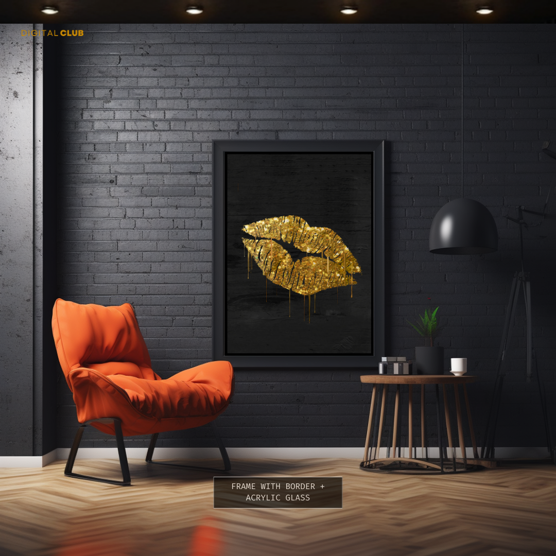 Kissing Lips in Gold Premium Wall Art