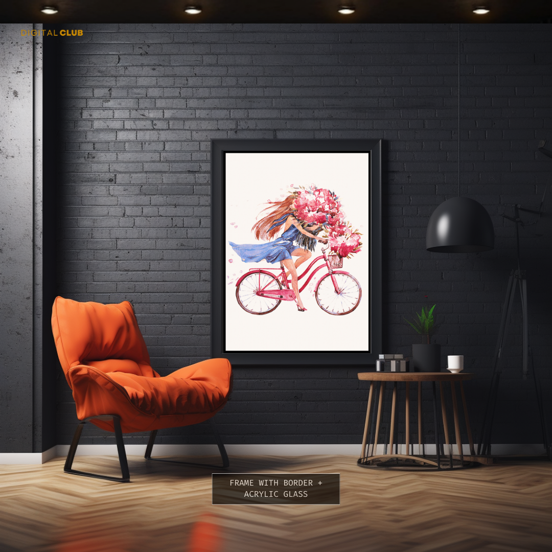 Girl on a Bike with Flowers Premium Wall Art