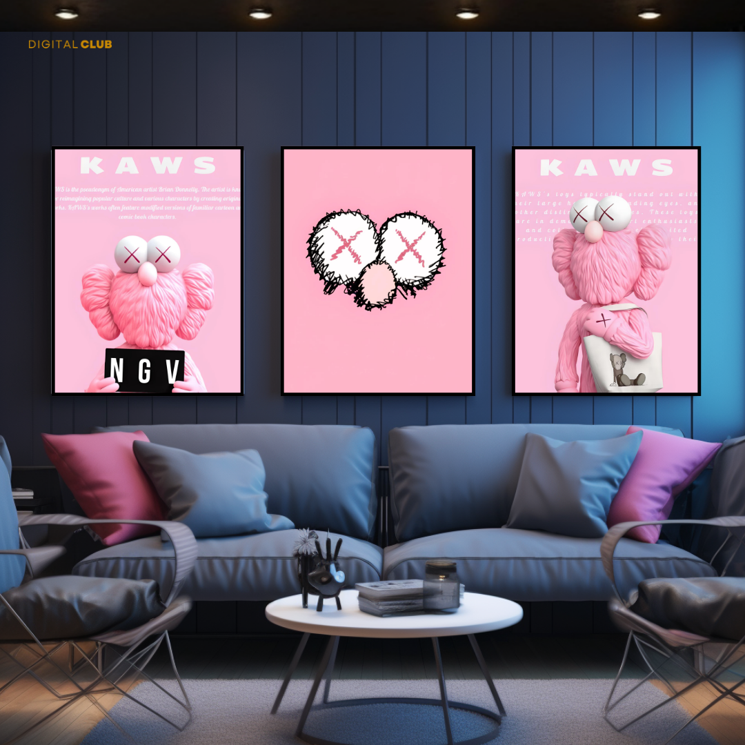 KAWS Pink Figurine 1 - 3 Panel Wall Art