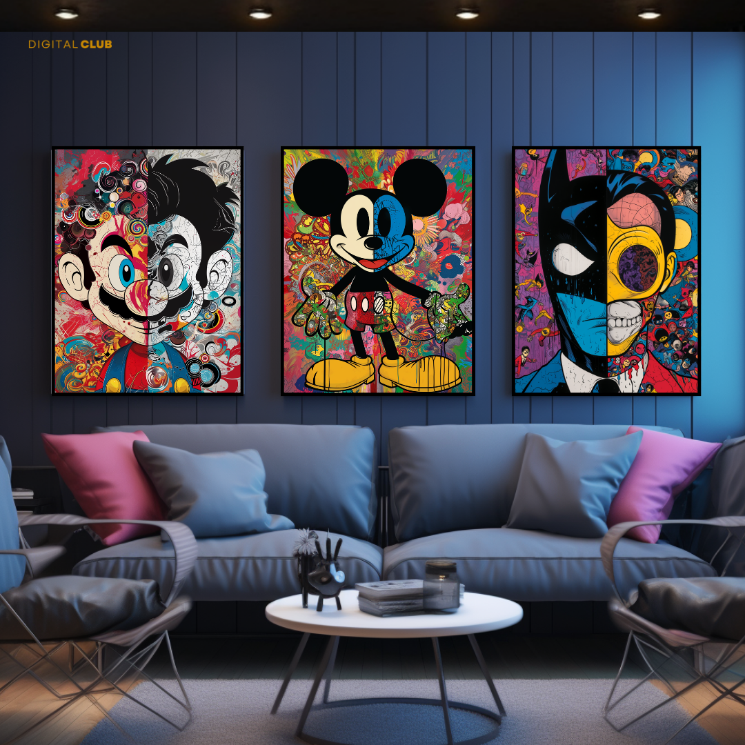 Mickey, Mario & Batman Artwork - 3 Panel Wall Art