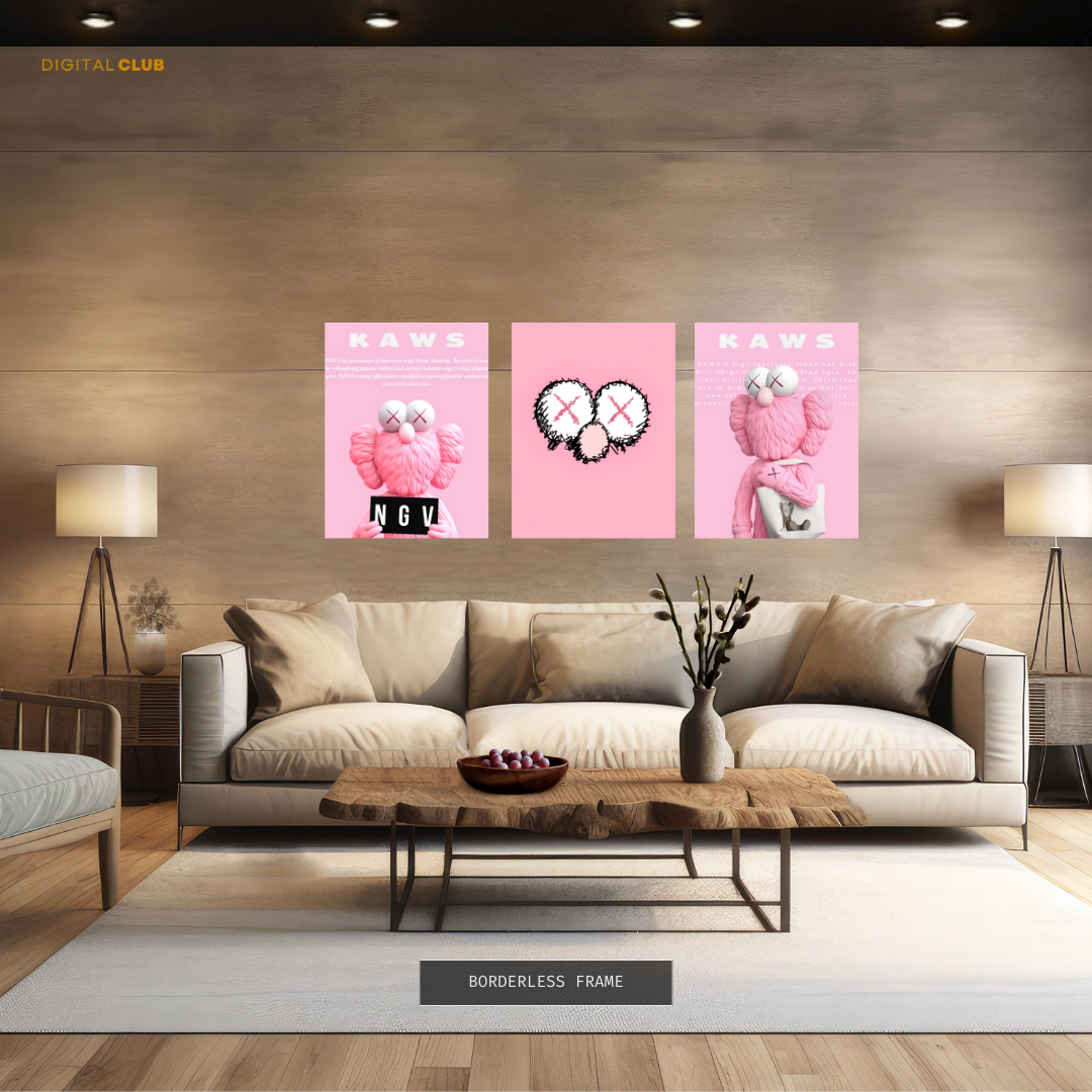 KAWS Pink Figurine 1 - 3 Panel Wall Art